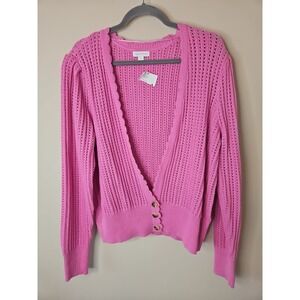 Charter Club Sweater XL Pink Cardigan Loose Knit Chic Couture Puff Sleeve Luxe